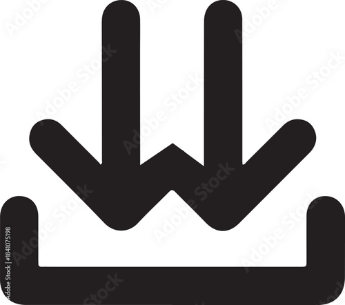 Download icon symbol for digital files, Bold black download symbol showing a downward arrow entering a tray, commonly used for software, media, and digital file interfaces.


