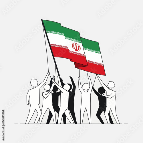 Silhouetted crowd holding the iranian flag aloft, symbolizing unity and patriotism.