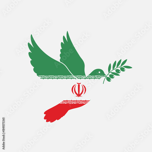 Dove in colors of iran flag carrying olive branch, symbol of peace and reconciliation.