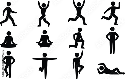 A diverse collection of black silhouette stick figures illustrating various exercise and movement poses