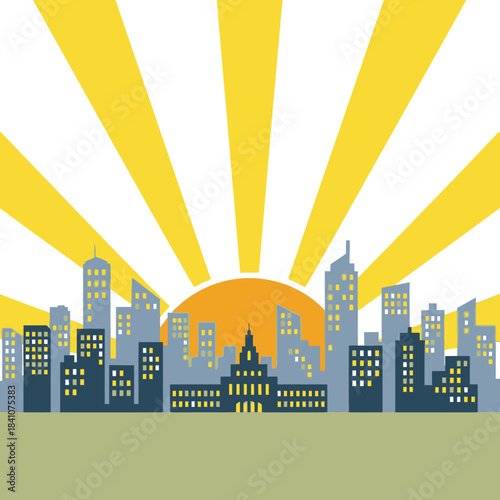 City skyline illustration with rising sun in the background. Urban landscape design.