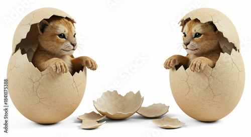 Adorable lion cubs playfully emerge from cracked eggs, symbolizing the innocent beginnings of new life and unexpected wonders in a charming, conceptual scene against a pristine white background