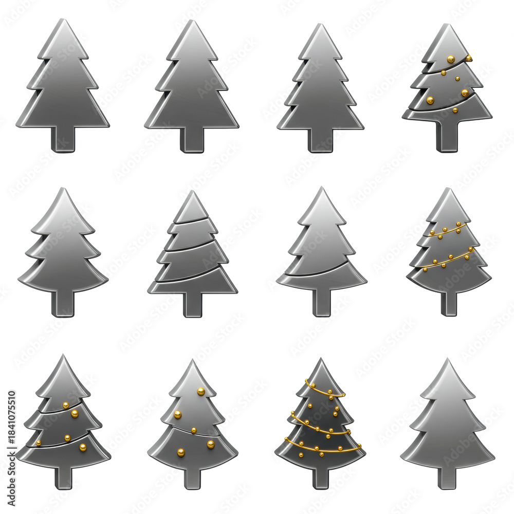 Obraz premium sixteen precise 3d isometric christmas tree icons, materialized in high-gloss metallic silver, arranged in a grid on a transparent background with soft shadows. concept for sophisticated graphic