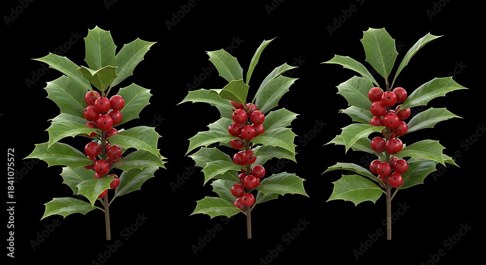 Fototapeta premium Three Lush Green Holly Branches Adorned with Bright Red Berries for Festive Decor