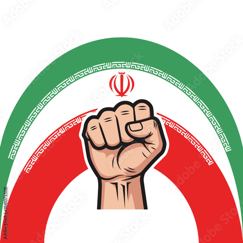 Fist raised in protest with the flag of iran in the background, a symbol of resistance.