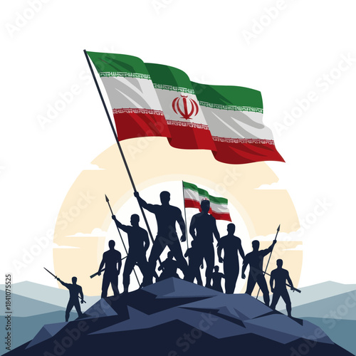 Silhouettes of soldiers with the iran flag on a mountain peak symbolizing victory.
