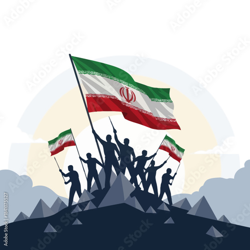 Silhouettes of people holding iran flags on mountain top, national pride concept art.