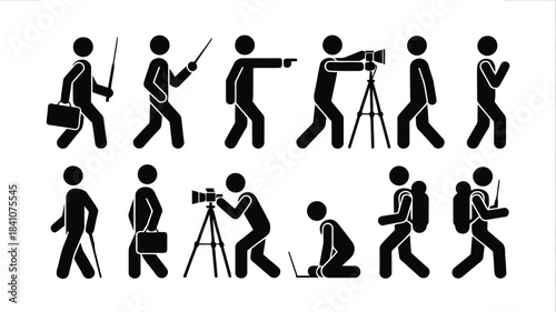 A diverse collection of black stick figures illustrating various human activities and professional roles
