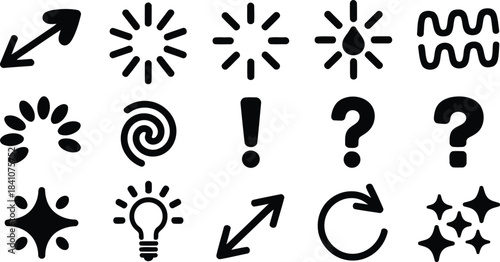 A diverse collection of simple black line and filled icons representing common symbols and concepts