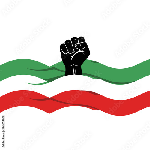 Raised fist with green, white, and red stripes. Symbol of resistance and freedom.
