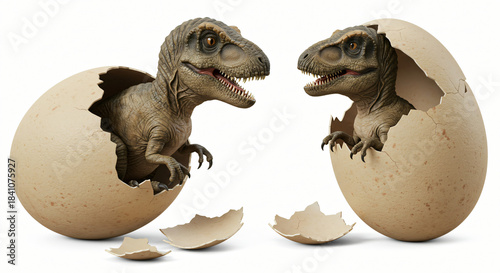 A captivating moment of prehistoric life as two newly hatched dinosaur babies peek out from their broken eggs, symbolizing new beginnings and ancient origins