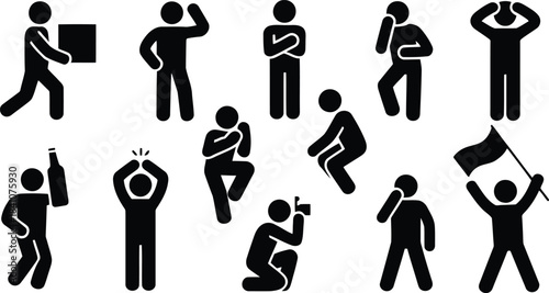 A diverse collection of simple black stick figure pictograms illustrating various human actions and emotions