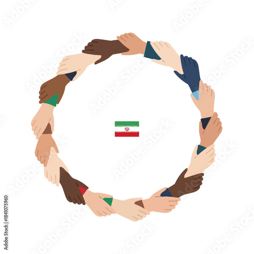 Diverse hands in a circle around the flag of iran, symbolizing unity and cooperation.