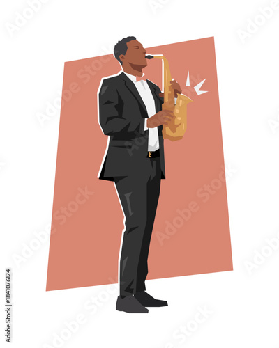 Cartoon male musician playing saxophone. Flat vector illustration.