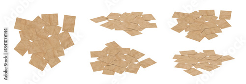 Tableau sur toile Brown paper squares scattered on a white background, top view
