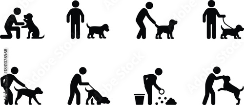 A diverse set of black silhouette icons showing people engaging with their domestic pet dogs