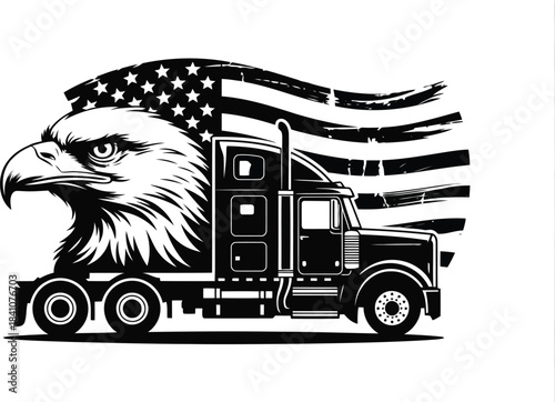 A monochrome outline of a large semi truck with the American flag and a bold bald eagles head