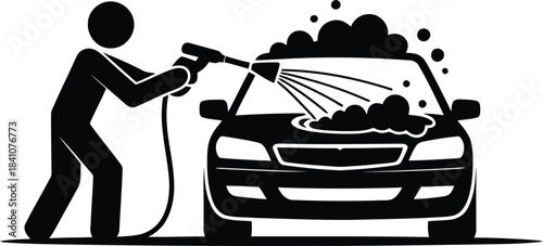 A person vigorously sprays water and soap onto a car during a thorough wash