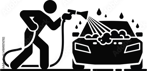 A person washes the front of a passenger car with a hose, creating suds and water drops