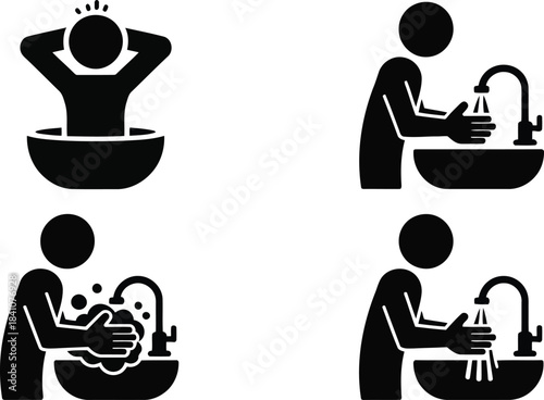 A series of four stick figures demonstrates the proper sequence for washing hands thoroughly