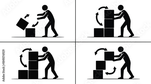 A series of four panels depicts a stick figure carefully stacking and unstacking black boxes