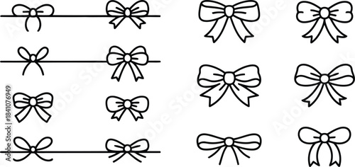 A simple collection of black outline bow icons and decorative ribbon elements on white