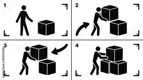 A simple four step pictogram shows a person moving and stacking cubic boxes one by one