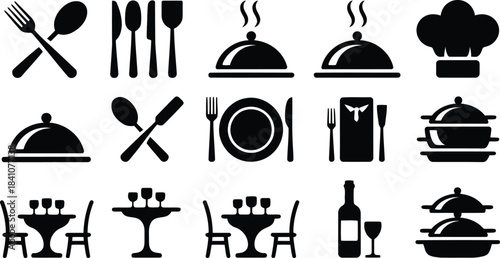 A variety of black silhouette icons depicting restaurant equipment and table settings for dining