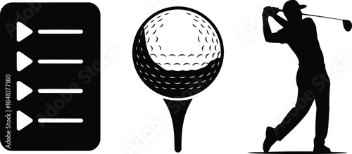 A visual collection showing golf game elements including a checklist, ball on tee, and a golfer swing