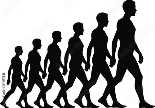 Black human silhouettes show the evolutionary progression of man walking in a clear sequence against white