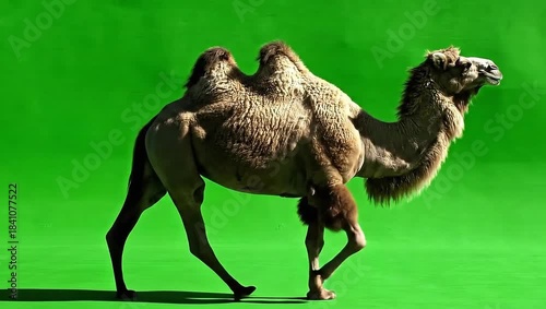 Wildlife images of a dromedary or Bactrian camel, a mammal with a hump, isolated in the sand of the Arabian desert, often used for nature, travel, vector, or cartoon illustrations