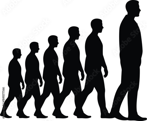 Black silhouettes depict a series of human figures walking in a line showing growth or evolution