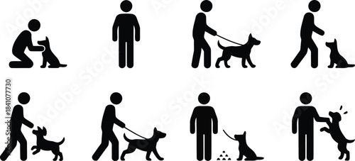 Black stick figures show people interacting with their pet dogs in various common everyday situations