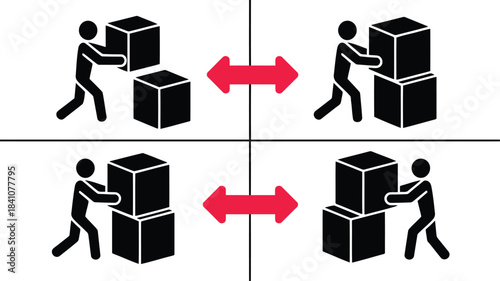 Black stick figures illustrate moving and stacking boxes for logistics and optimization concepts