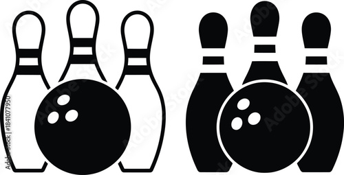 Classic black and white bowling icons showing a strike opportunity with three pins and a ball