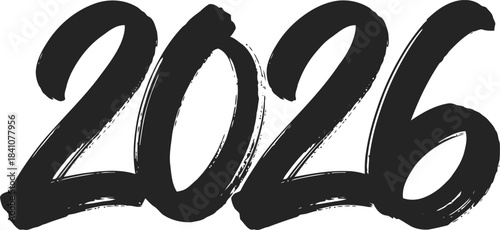 Hand drawn brush script lettering displays the year 2026 on a clear white surface
