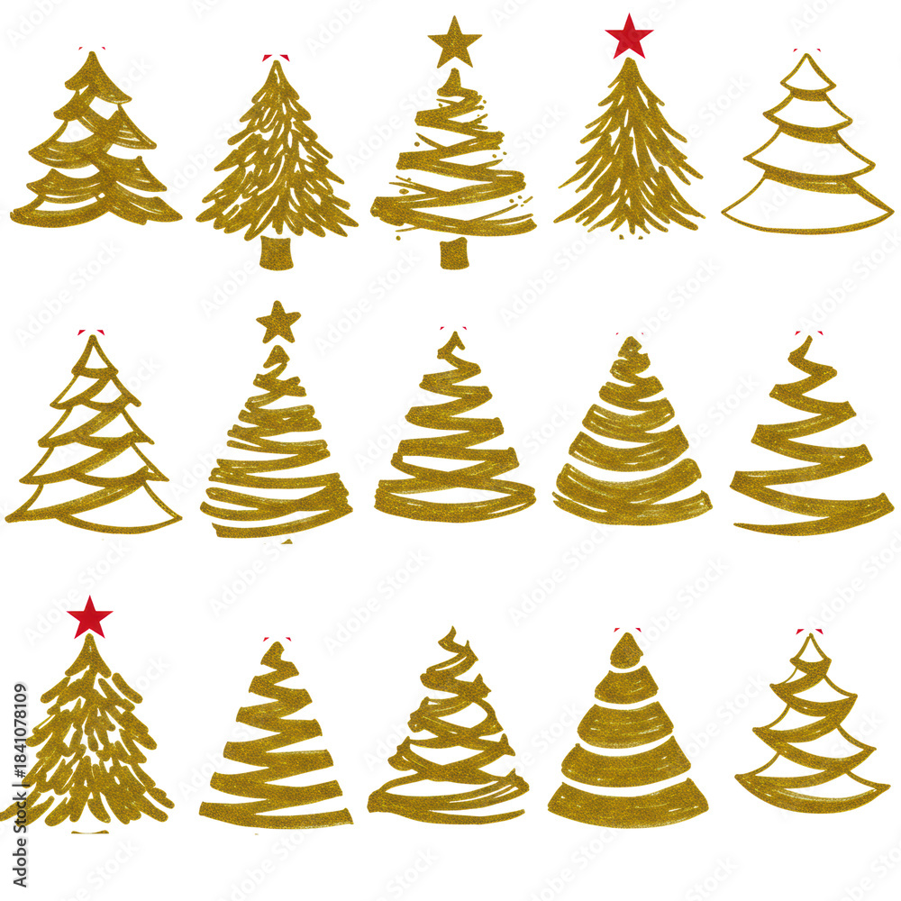 Obraz premium Fifteen varied gold minimalist line art christmas tree icons with red star toppers, floating flat lay above a transparent backdrop, simulating metallic pencil texture. Concept of sophisticated holiday