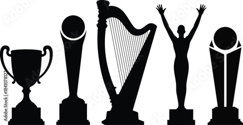 Diverse collection of black award trophy silhouettes including a classical harp on a white background