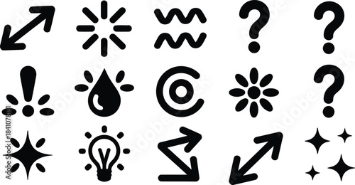 Diverse collection of fifteen simple black universal icons including arrows and question marks on white