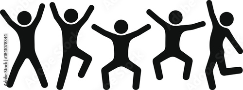 Five excited human silhouettes jump with raised arms expressing happiness and freedom on a white ground