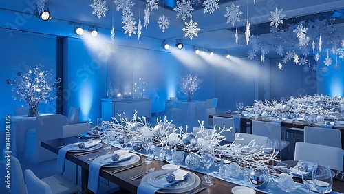 Elegant Winter Wonderland Wedding Reception Hall Decorated with Snowflakes and Blue Lighting image photo