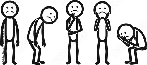 Five simple black stick figures expressing different stages of sadness and emotional distress