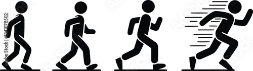 Four black silhouette figures show a progressive sequence of standing, walking, jogging, and fast running