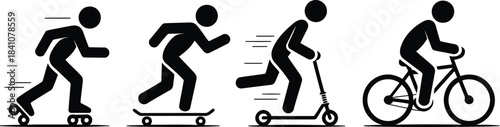Four black stick figures showcase different exciting wheeled recreational personal transport modes