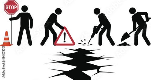 Four stick figures perform road repair and safety tasks above a large open ground crack