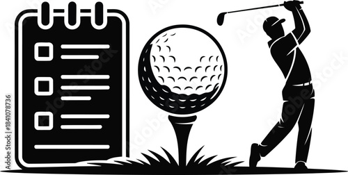 Golfer swinging a club next to a large golf ball on a tee and a scorecard