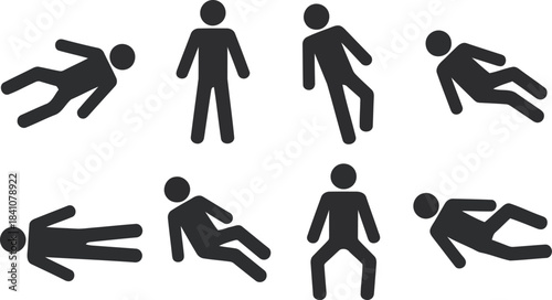 Multiple black stick figures in various falling, slipping, and reclining poses on a plain white surface
