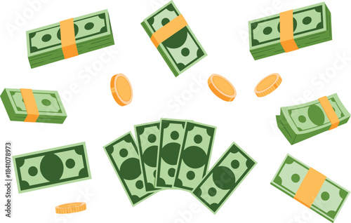Set of isolated vector money cash banknotes and gold coins finance illustration design elements