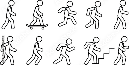 Row of ten stick figure graphics demonstrating various human motions and common physical tasks