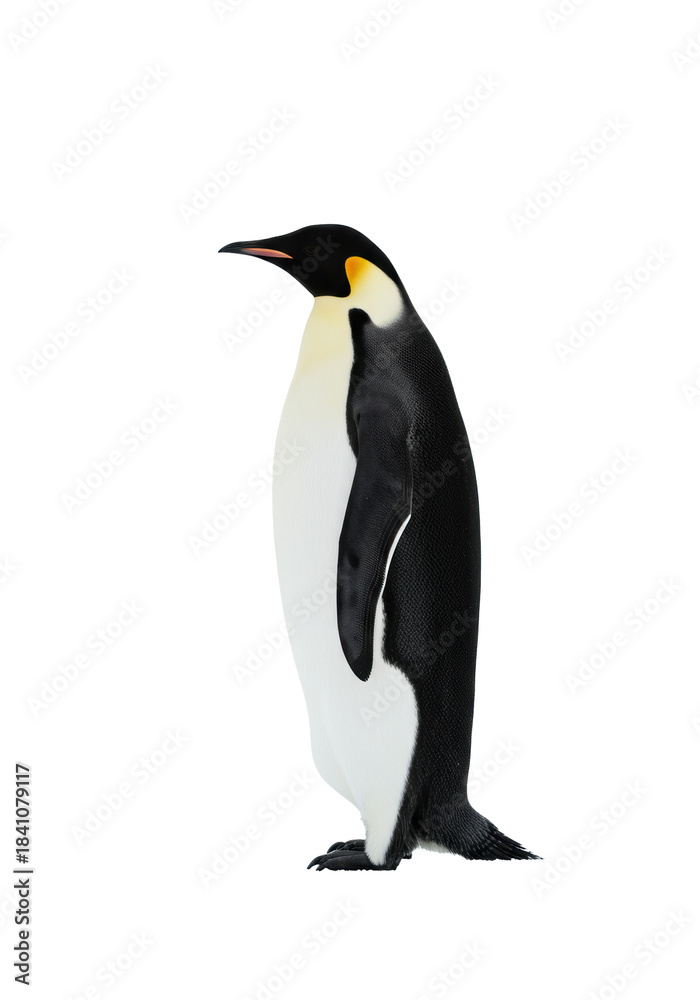 Fototapeta premium majestic adult emperor penguin, pristine black and white plumage, vibrant orange patches, hyperdetailed full profile shot on seamless high-key white background. concept of iconic antarctic isolation
